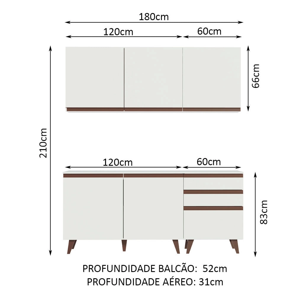 Armário de Cozinha Compacta Madesa Reims com Balcão 5 Portas 3 Gavetas Branco Cor:Branco