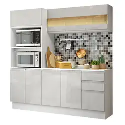 Cozinha Compacta 100% MDF Madesa Smart 190 cm Com Armário, Balcão e Tampo Frentes Branco Brilho Cor:Branco