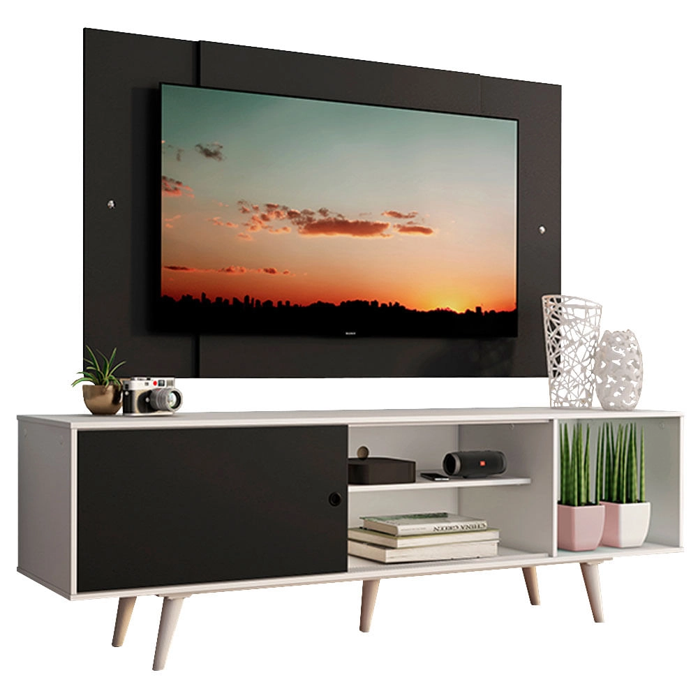 Rack Madesa Dubai com Pés e Painel para TV até 58 Polegadas Branco/Preto 7377 Cor:Branco/Preto/Preto