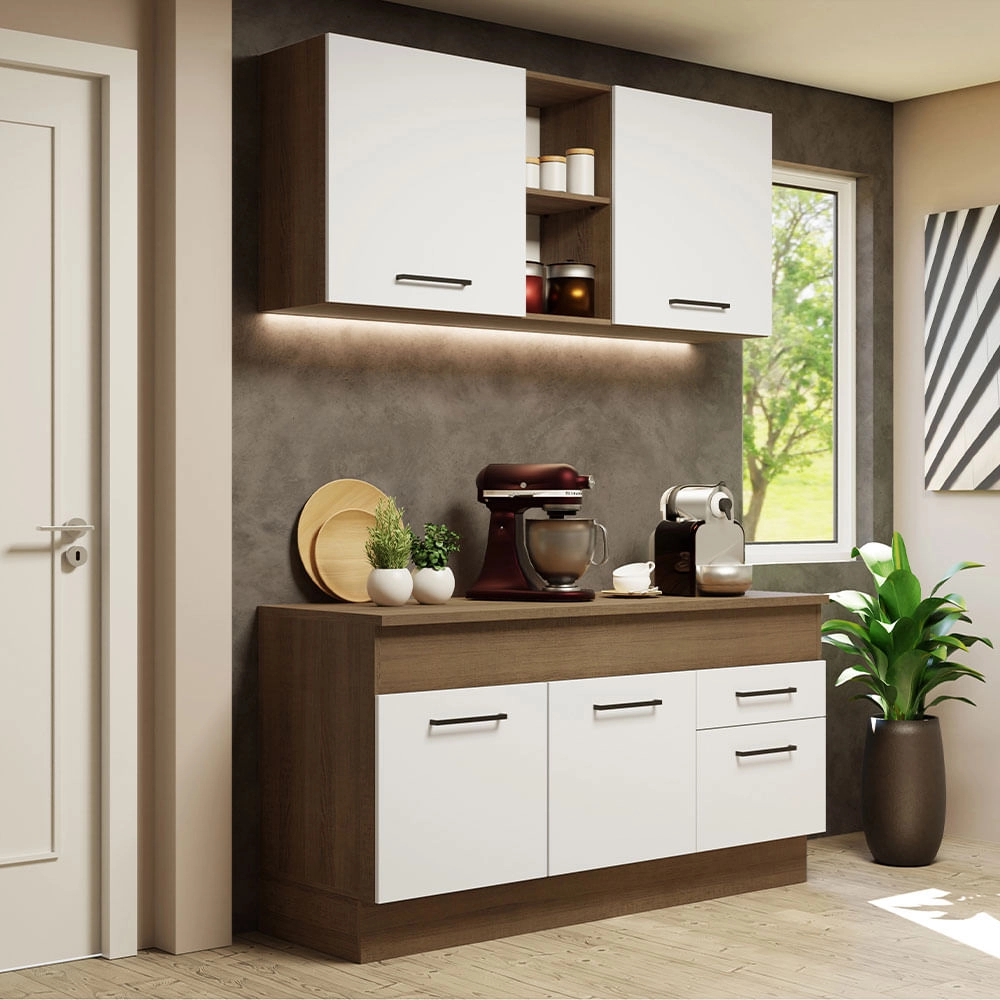 Cozinha Compacta Madesa Agata 150001 com Armário e Balcão (Com Tampo) Rustic/Branco Cor:Rustic Branco