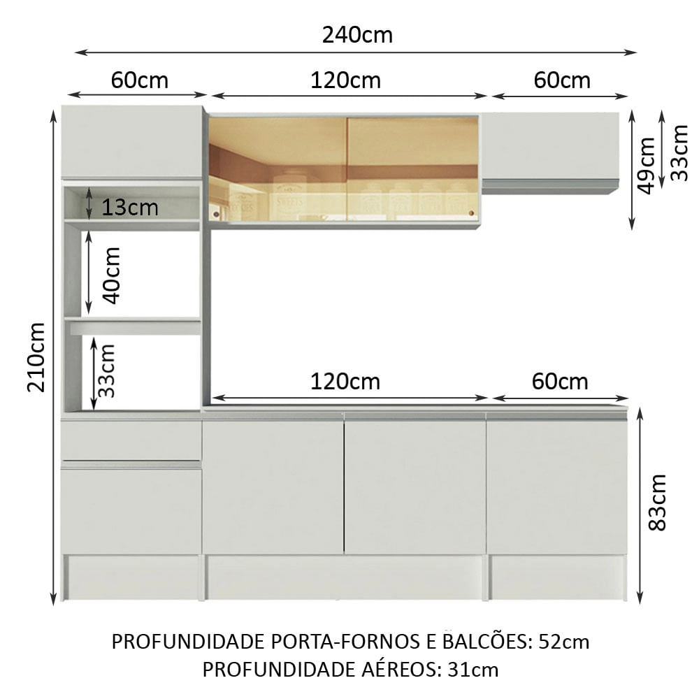 Cozinha Completa Madesa Diamante com Armário, Balcão de Pia e Tampo Branco Cor:Branco