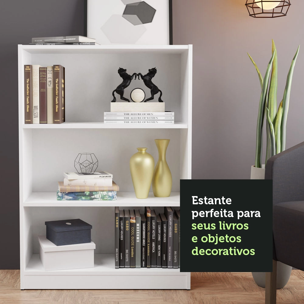 Estante para Livros Home Sala Madesa 6907 com 3 Nichos Branco Cor:Branco