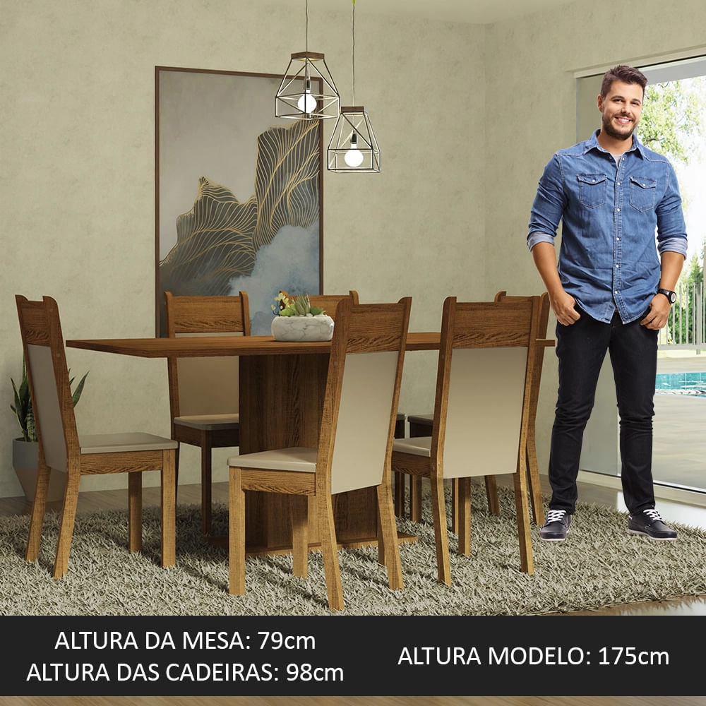 Conjunto Sala de Jantar Mesa Tampo de Madeira 6 Cadeiras Rustic/Crema/Bege Augusta Madesa Cor:Rustic/Crema/Bege