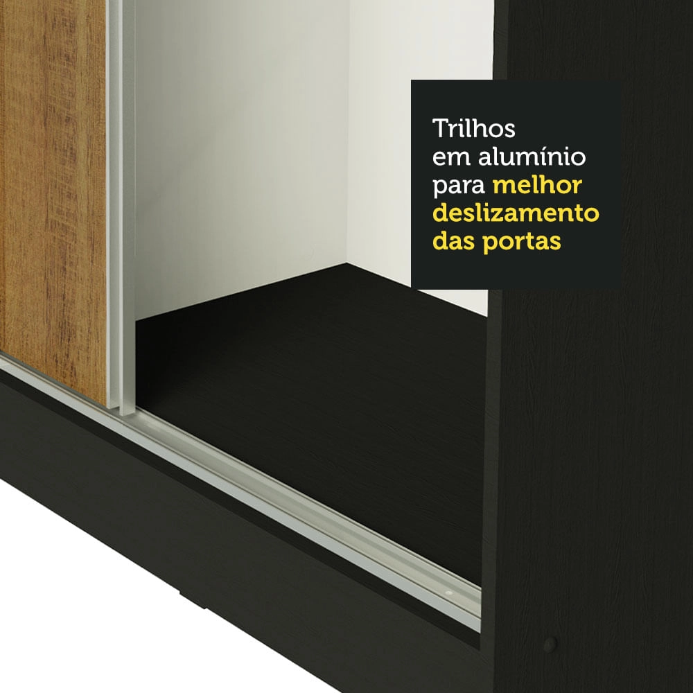 Guarda Roupa Casal 100% MDF Madesa Zurique 3 Portas de Correr com Espelho Preto/Rustic Cor:Preto/Rustic