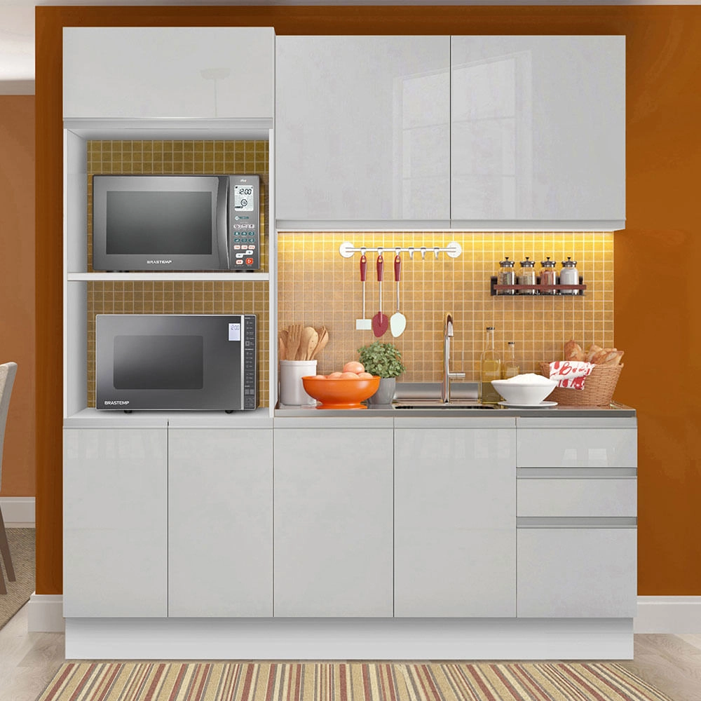 Armário de Cozinha Compacta 100% MDF Madesa Acordes XB190001 com Balcão e Torre Portas Branco Brilho Cor: Branco