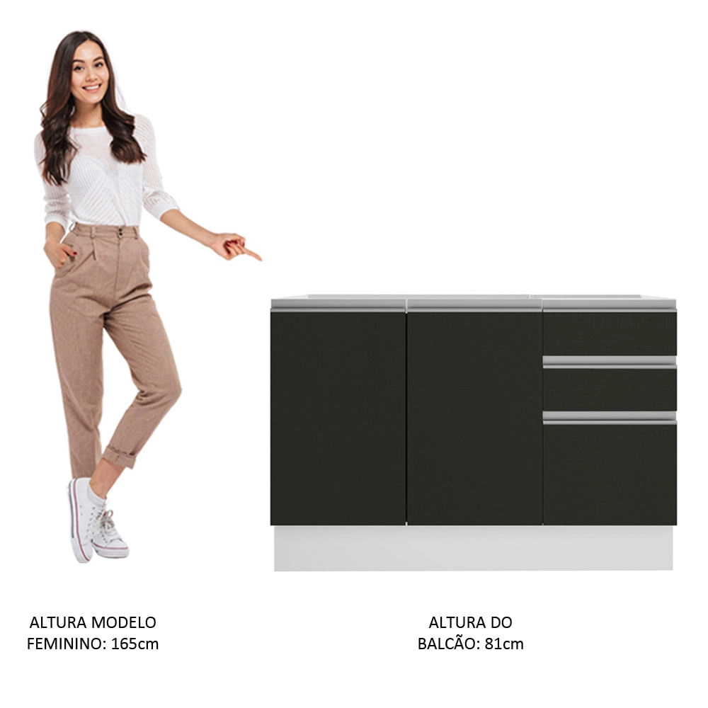 Balcão Gabinete de Pia Madesa Glamy 120 cm 2 Portas e 3 Gavetas Branco/Preto Cor:Branco/Preto