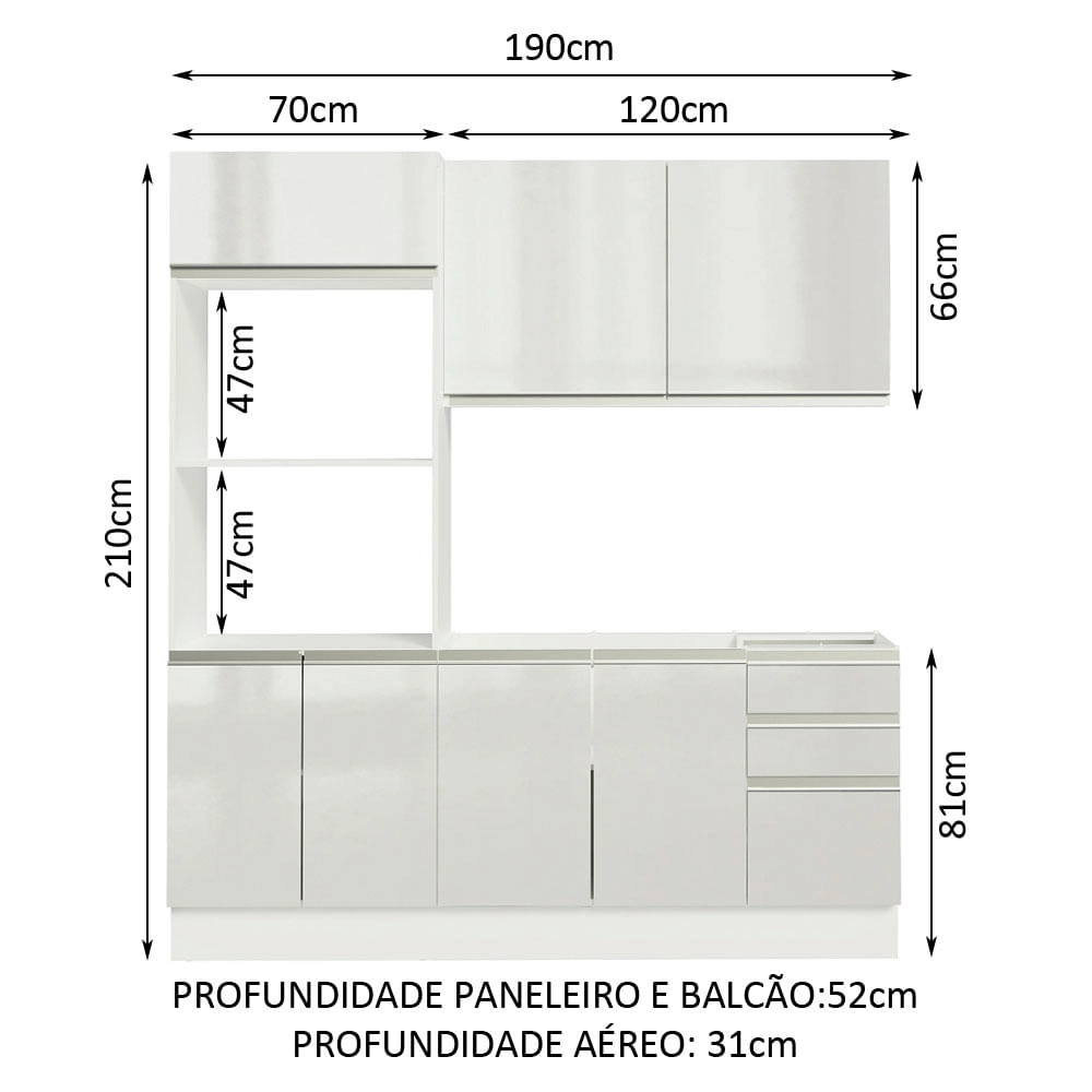 Armário de Cozinha Compacta 100% MDF Madesa Acordes XB190001 com Balcão e Torre Portas Branco Brilho Cor: Branco