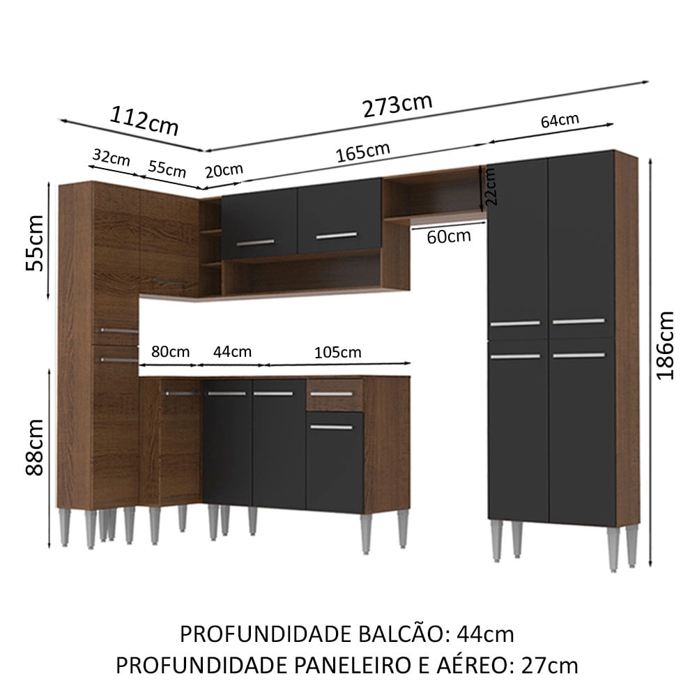 Cozinha Completa de Canto Reto Madesa Emilly Love com Armário e Balcão 13 Portas 1 Gaveta Rustic/Preto Cor:Rustic/Preto