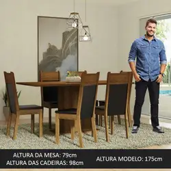 Conjunto Sala de Jantar Mesa Tampo de Madeira 6 Cadeiras Rustic/Preto Augusta Madesa Cor:Rustic/Preto