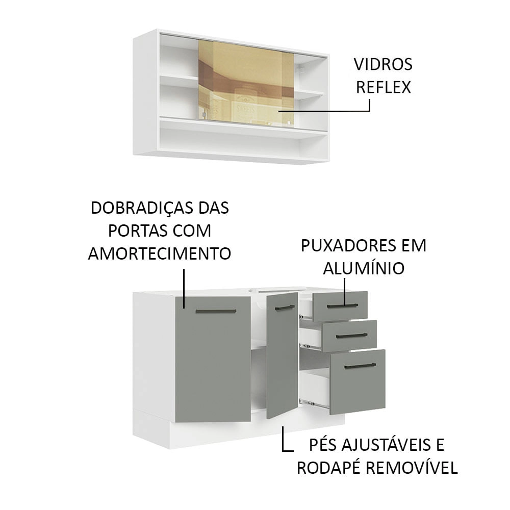 Cozinha Compacta Madesa Agata 120002 com Armário e Balcão (Sem Tampo e Pia) Branco/Cinza Cor:Branco Cinza