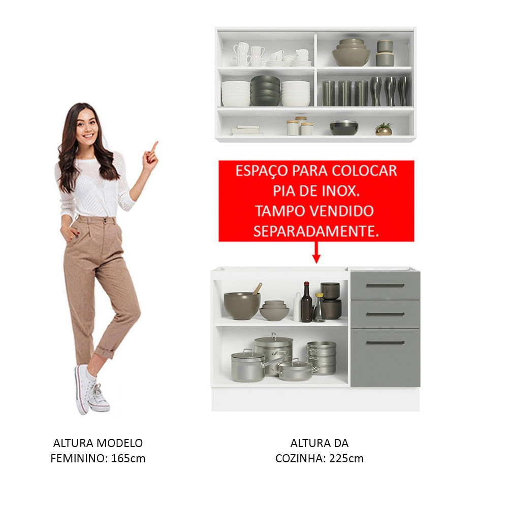 Cozinha Compacta Madesa Agata 120002 com Armário e Balcão (Sem Tampo e Pia) Branco/Cinza Cor:Branco Cinza