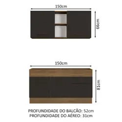Cozinha Compacta Madesa Agata 150002 com Armário e Balcão (Sem Tampo e Pia) Rustic/Preto Cor:Rustic Preto