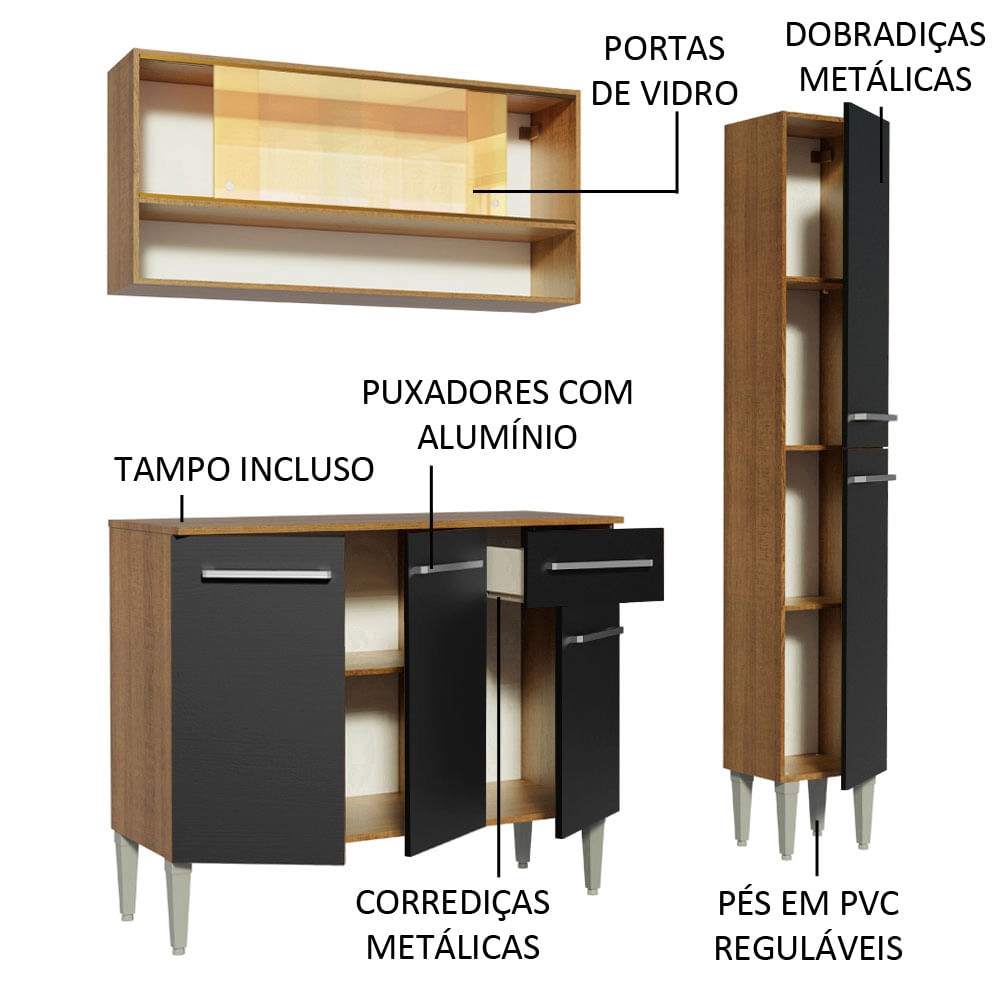 Cozinha Compacta Madesa Emilly Art com Balcão e Armário Vidro Reflex - Rustic/Preto Cor:Rustic/Preto