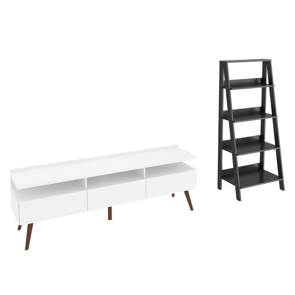 Rack para TV até 65 Polegadas Madesa Londres e Estante Escada Branco/Preto Cor:Branco/Preto