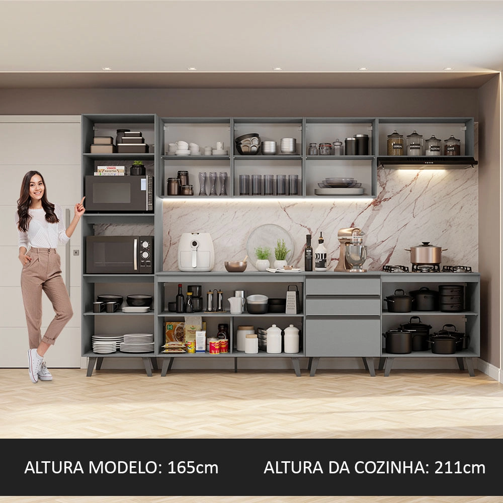 Armário de Cozinha Completa 320cm Cinza Nice Madesa 06 Cor:Cinza