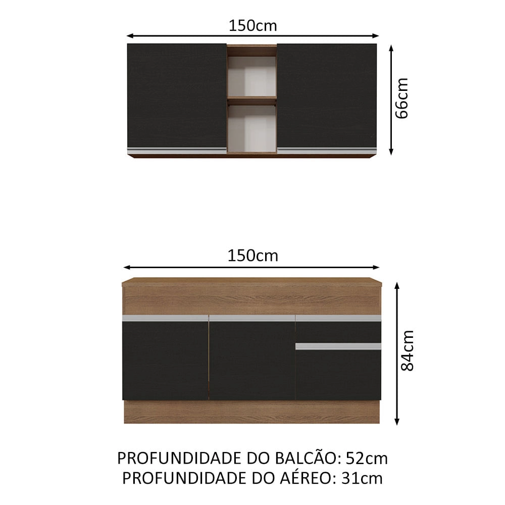 Cozinha Compacta Madesa Glamy 150001 com Armário e Balcão (Com Tampo) Rustic/Preto Cor:Rustic/Preto