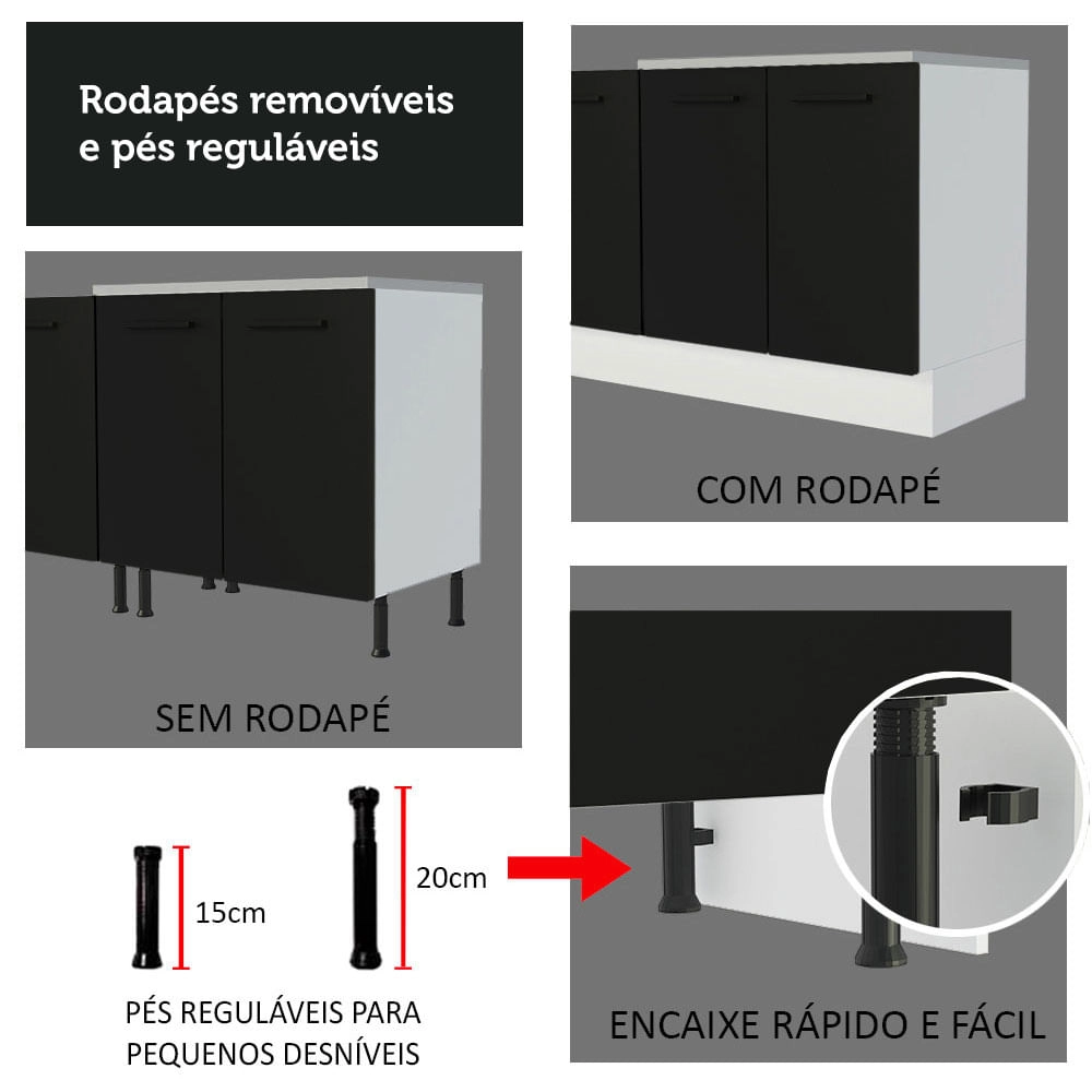 Cozinha Compacta Madesa Agata 120002 com Armário e Balcão (Sem Tampo e Pia) Branco/Preto Cor:Branco Preto