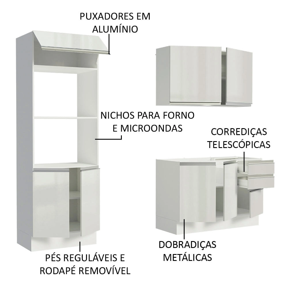Armário de Cozinha Compacta 100% MDF Madesa Acordes XB190001 com Balcão e Torre Portas Branco Brilho Cor: Branco