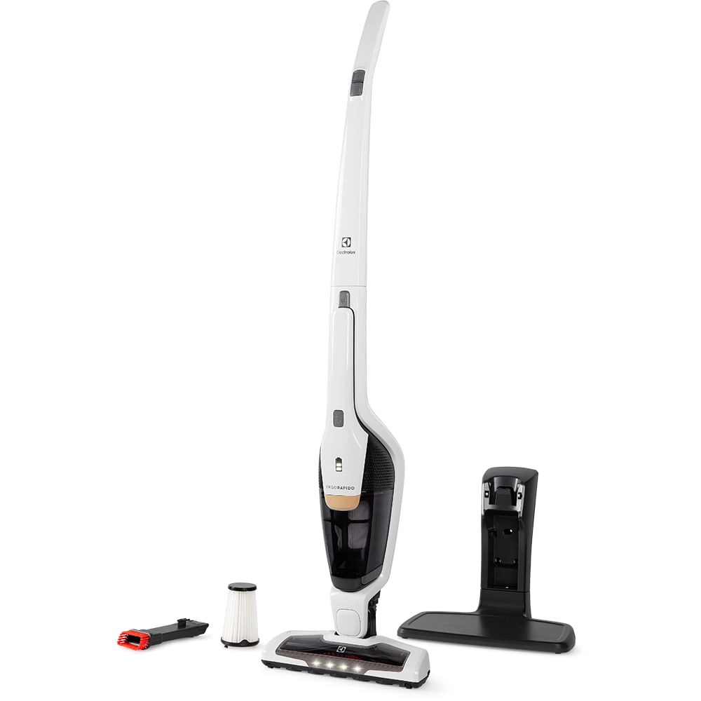 Aspirador de Pó Vertical Electrolux Ergorapido 2 em 1 Branco Luz LED (ERG25B) - até 38 min Filtro HEPA Função BrushRollClean 420ml Bivolt