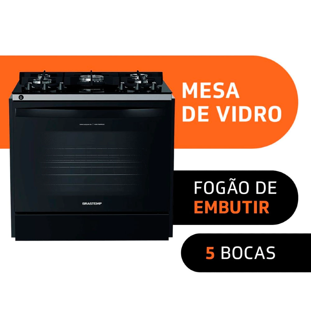 Fogão Brastemp 5 Bocas de Embutir Preto com Mesa De Vidro e Turbo Chama - BYS5VCE Bivolt