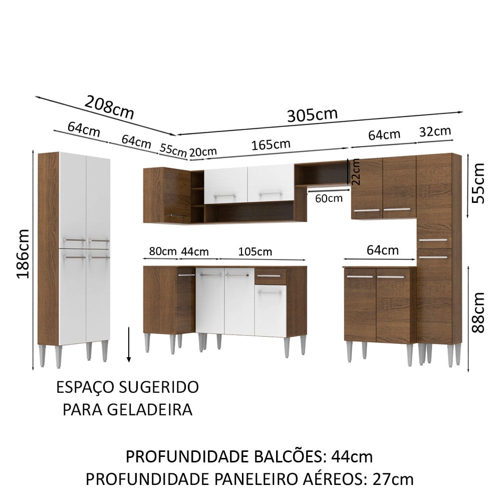 Cozinha Completa de Canto Reto Madesa Emilly Live com Armário e Balcão 17 Portas 1 Gaveta Rustic/Branco Cor:Branco/Rustic