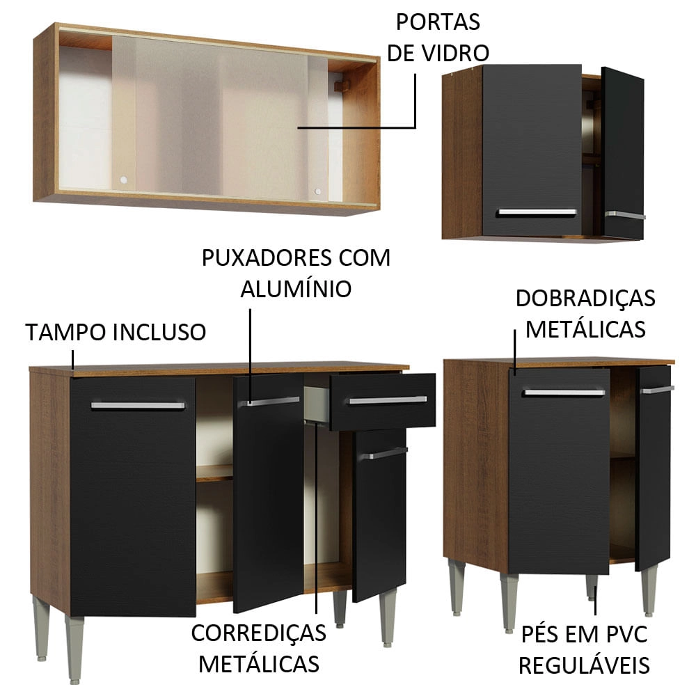 Cozinha Completa Madesa Emilly Box com Balcão e Armário Vidro - Rustic/Preto Cor:Rustic/Preto