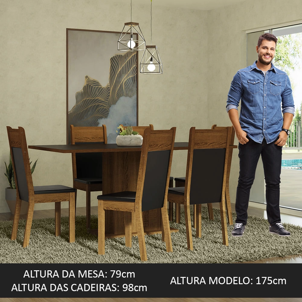 Conjunto Sala de Jantar Mesa Tampo de Madeira 6 Cadeiras Preto/Rustic Augusta Madesa Cor:Preto/Rustic