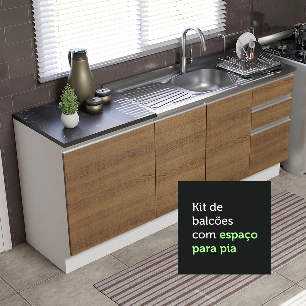 Kit com 2 Balcões de Cozinha Madesa Acordes 100% MDF (Sem Tampo e Pia) Branco/Rustic Cor:Branco/Rustic