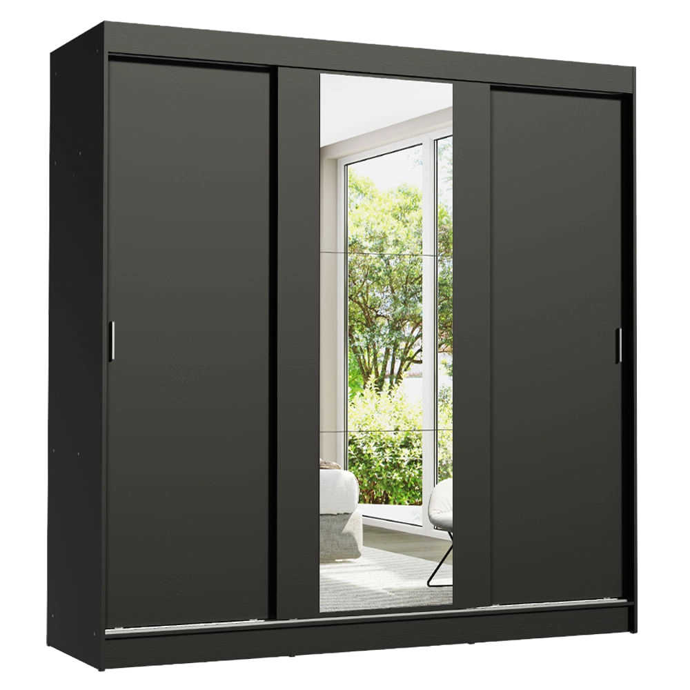 Guarda-Roupa Casal Madesa Reno 3 Portas de Correr com Espelho Cor:Preto