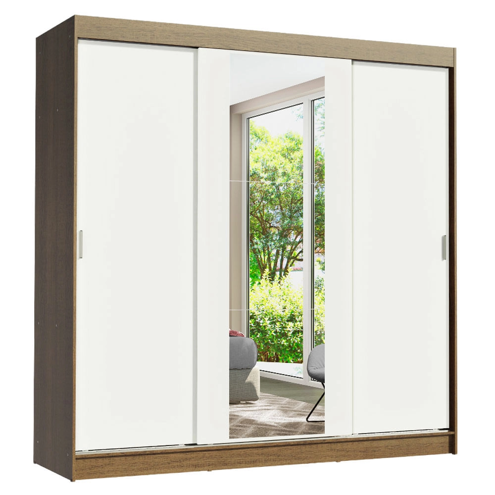 Guarda-Roupa Casal Madesa Reno 3 Portas de Correr com Espelho Cor:Rustic/Branco