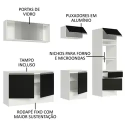 Armário de Cozinha Completa 240cm Branco/Preto Topazio Madesa 05 Cor:Branco/Preto