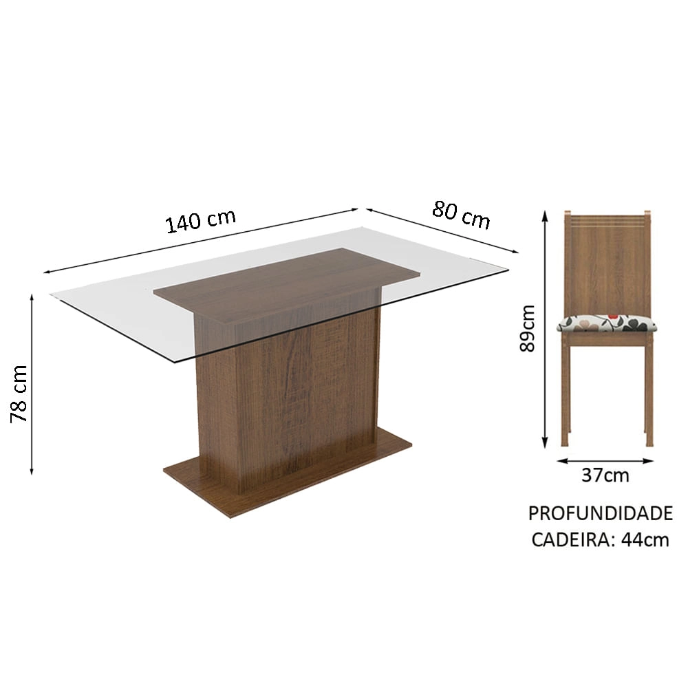 Conjunto Sala de Jantar Madesa Molly Mesa Tampo de Vidro com 6 Cadeiras Rustic/Floral Hibiscos Cor:Rustic/Floral Hibiscos