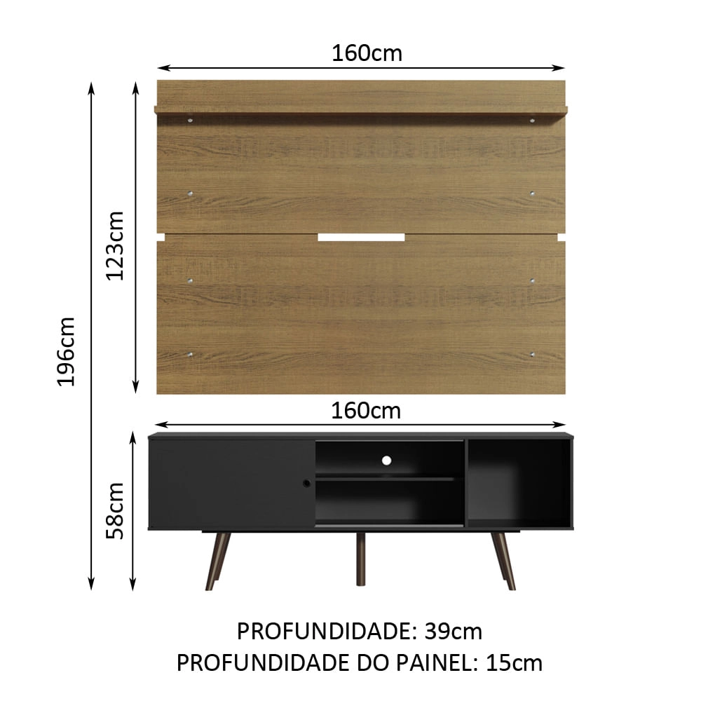 Rack Madesa Cairo e Painel para TV até 65 Polegadas com Pés de Madeira Preto/Rustic/Preto Cor:Preto/Rustic/Preto