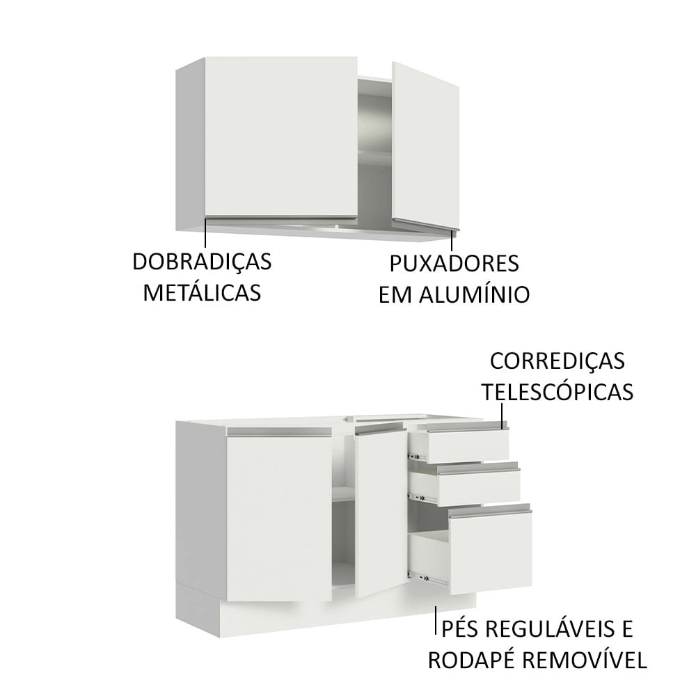 Cozinha Compacta Madesa Glamy 120003 com Armário e Balcão (Sem Tampo e Pia) Branco Cor:Branco