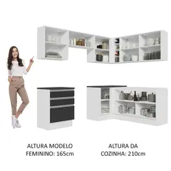 Armário de Cozinha Completa de Canto 100% MDF 409cm Branco/Preto Acordes Madesa 01 Cor:Branco/Preto