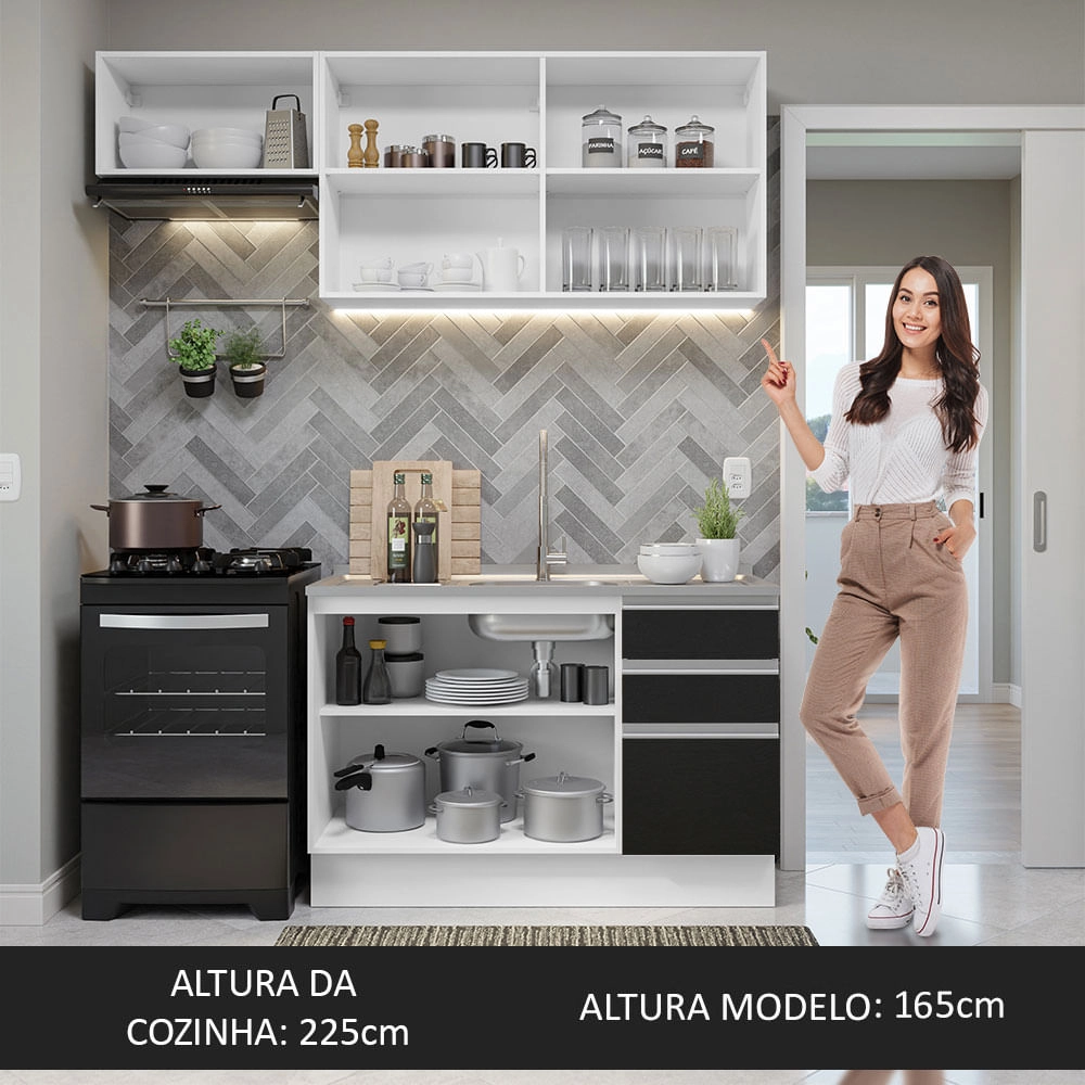 Armário de Cozinha Compacta 180cm Branco/Preto Glamy Madesa 09 Cor:Branco/Preto