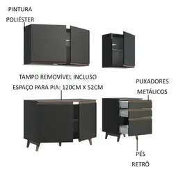 Armário de Cozinha Compacta Madesa Reims com Balcão 5 Portas 3 Gavetas Preto Cor:Preto