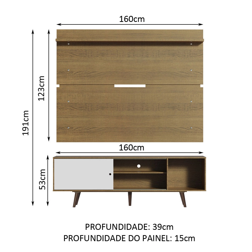 Rack Madesa Dubai e Painel para TV até 65 Polegadas com Pés Rustic/Branco 6E5Z Cor:Rustic/Branco/Rustic