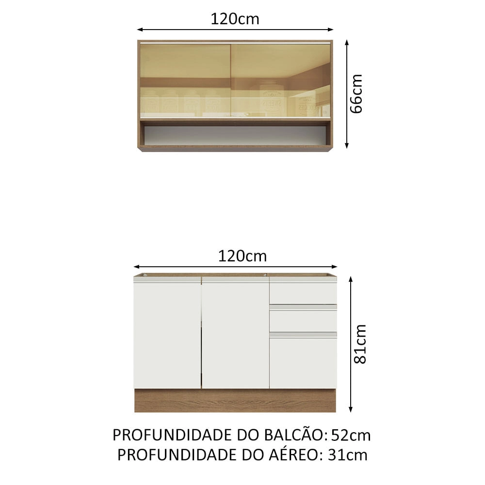 Cozinha Compacta Madesa Glamy 120002 com Armário e Balcão (Sem Tampo e Pia) Rustic/Branco Cor:Rustic Branco