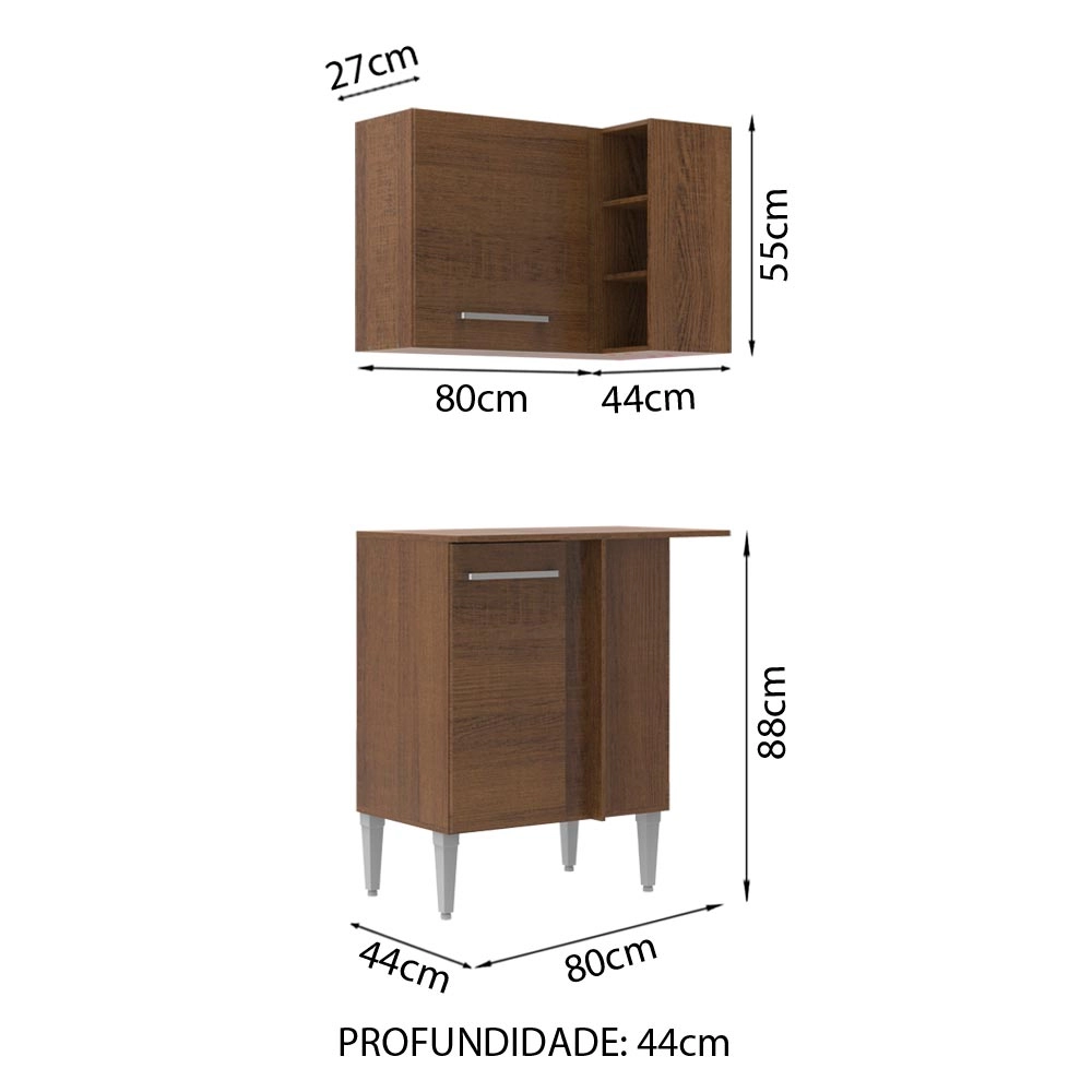 Kit de Canto Reto Madesa Emilly 2 Portas com Armário Aéreo, Adega e Balcão Rustic Cor:Rustic