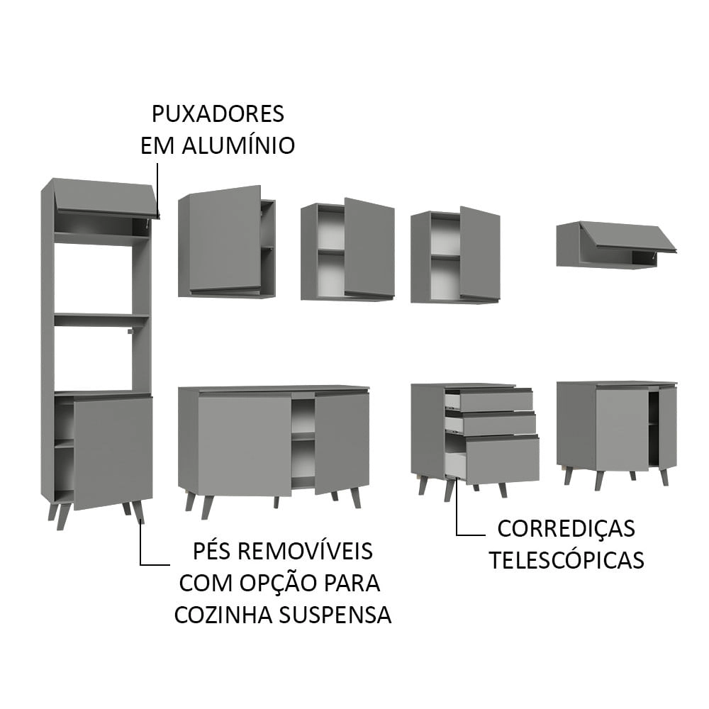 Armário de Cozinha Completa 320cm Cinza Nice Madesa 06 Cor:Cinza