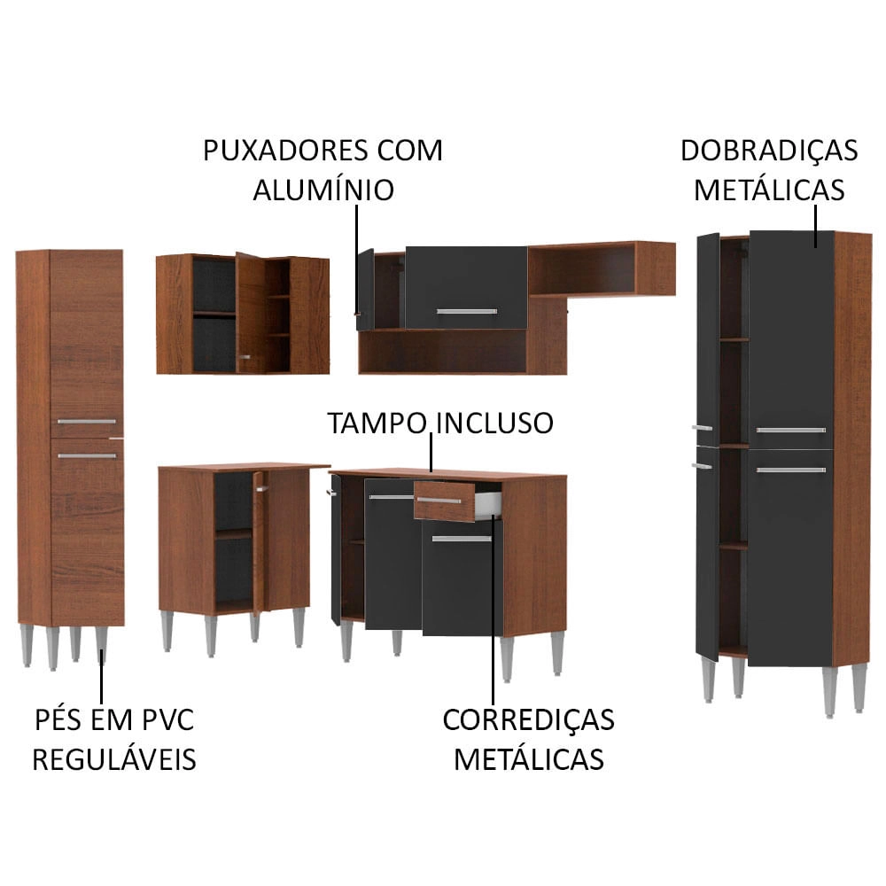 Cozinha Completa de Canto Reto Madesa Emilly Love com Armário e Balcão 13 Portas 1 Gaveta Rustic/Preto Cor:Rustic/Preto