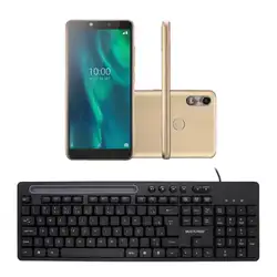 Combo Office - Smartphone Multilaser F 32GB Dual Chip Android 9.0 Dourado e Teclado Com Fio Slot Conexão USB Preto - P91310K P91310K