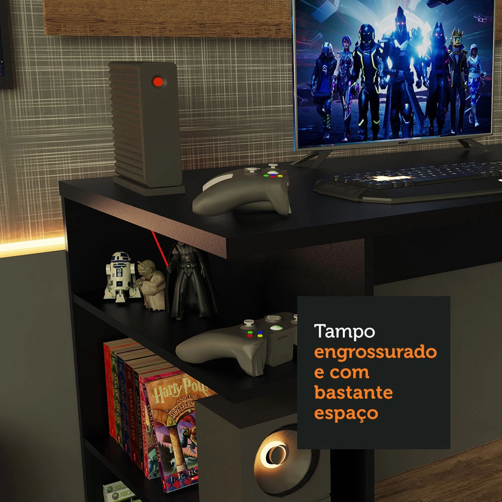 Mesa para Computador Gamer e Painel para TV até 50 Madesa Preto/Rustic Cor:Preto/Rustic