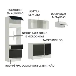 Cozinha Completa Madesa Topazio com Armário, Balcão e Tampo Branco/Preto/Branco Cor:Branco/Preto/Branco