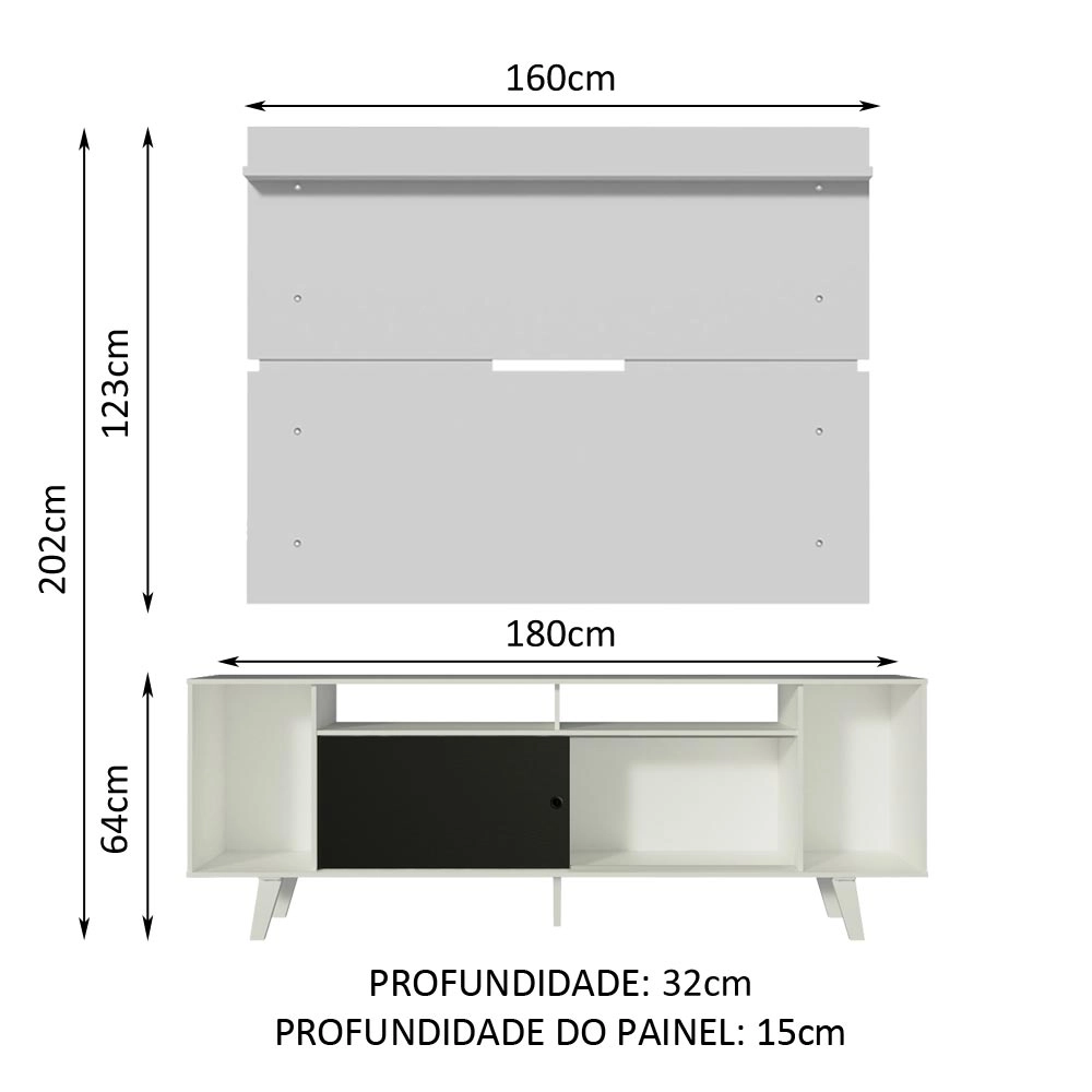 Rack Madesa Cancun com Pés e Painel para TV até 65 Polegadas Branco/Preto 7309 Cor:Branco/Preto/Branco