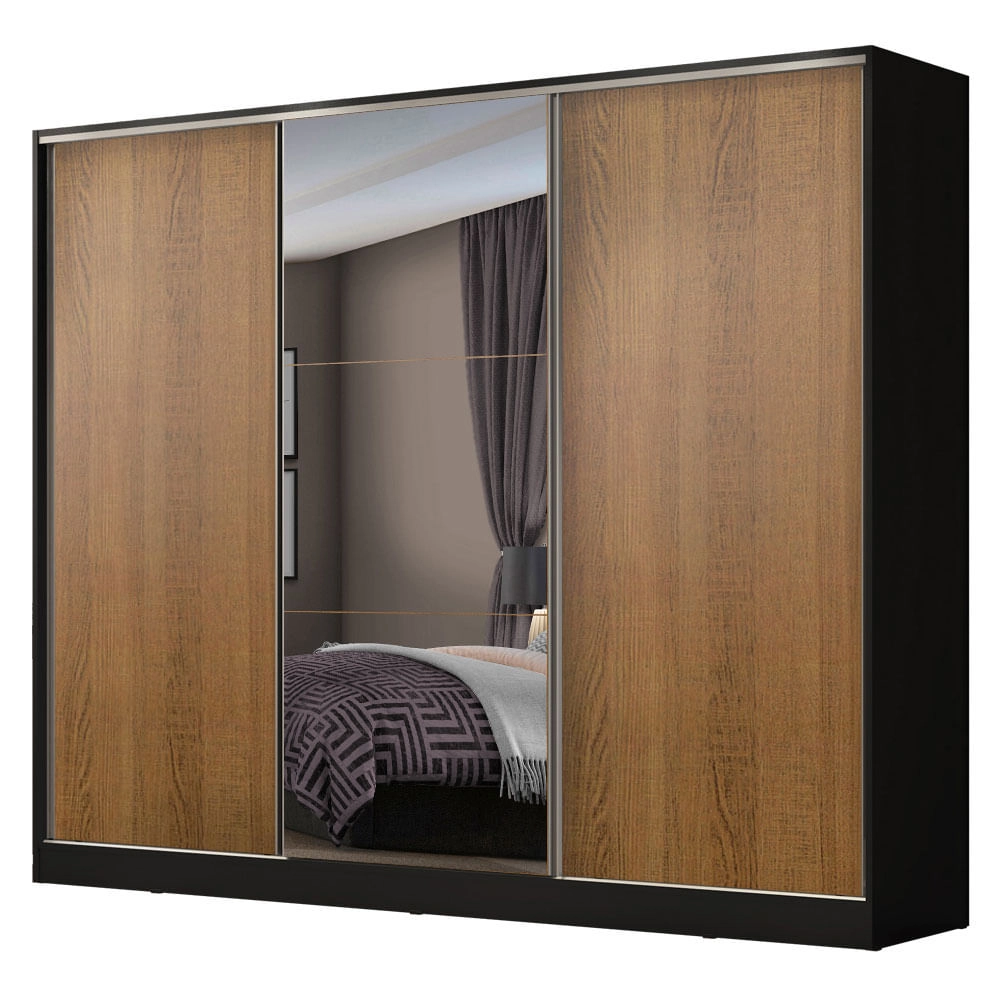 Guarda Roupa Casal 100% MDF Madesa Zurique 3 Portas de Correr com Espelho Preto/Rustic Cor:Preto/Rustic