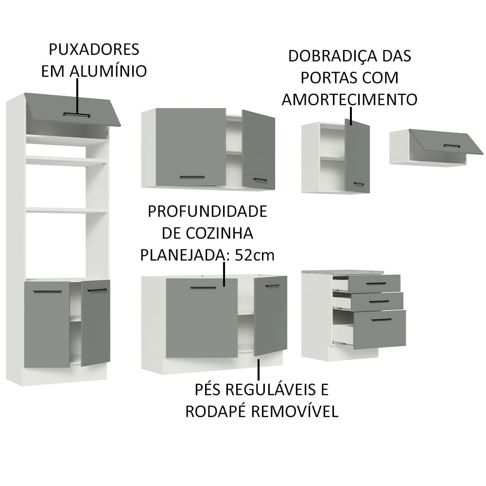 Cozinha Completa Madesa Agata 330001 com Armário e Balcão (Sem Tampo e Pia) Branco/Cinza Cor:Branco Cinza