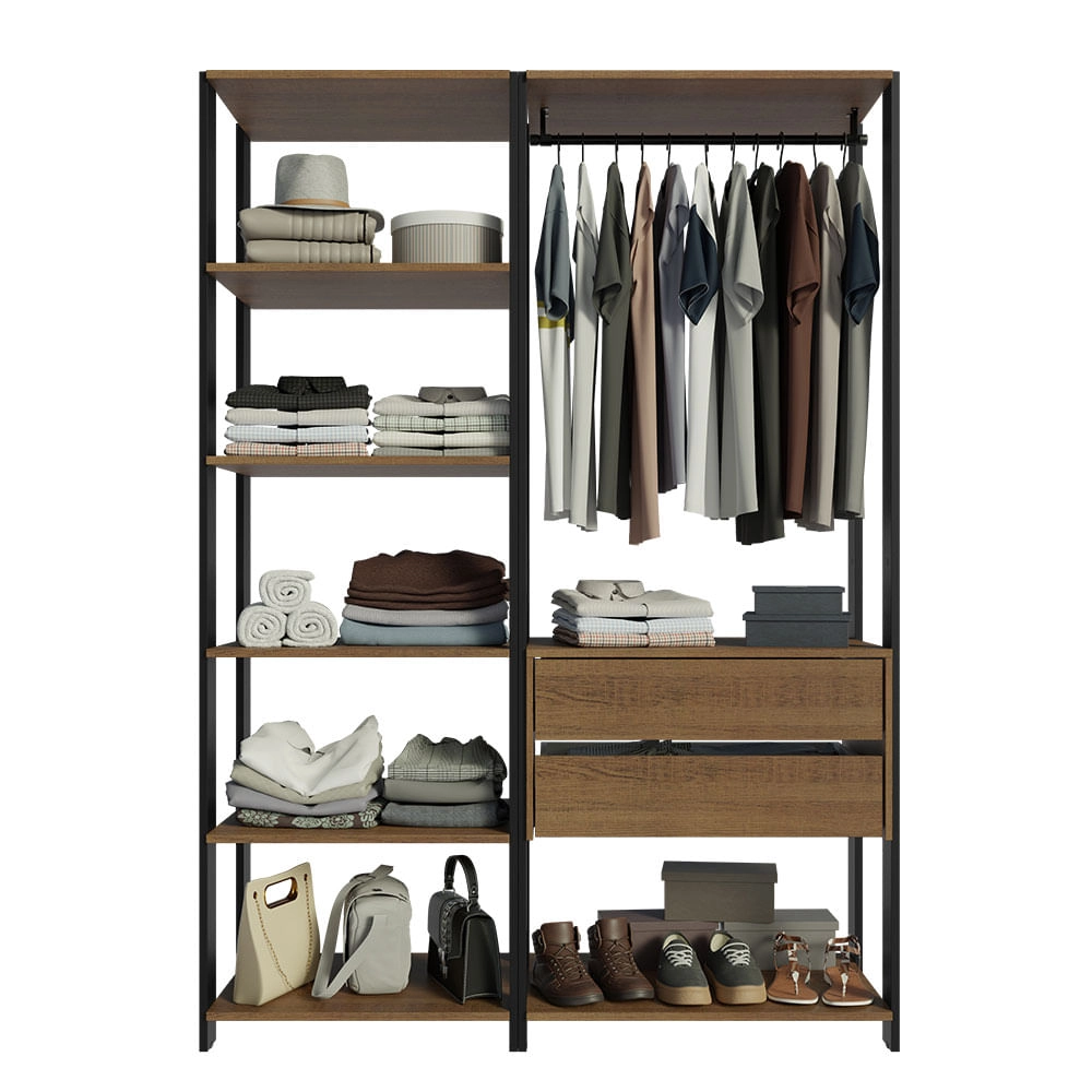 Closet Aberto Guarda-Roupa 2 Gavetas 129cm Rustic/Preto Madesa Cor:Rustic/Preto