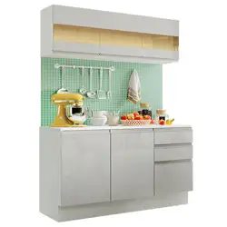 Armário de Cozinha Compacta Madesa Smart 100 MDF 120 cm com Balcão e Tampo Frentes Branco Brilho Cor:Branco
